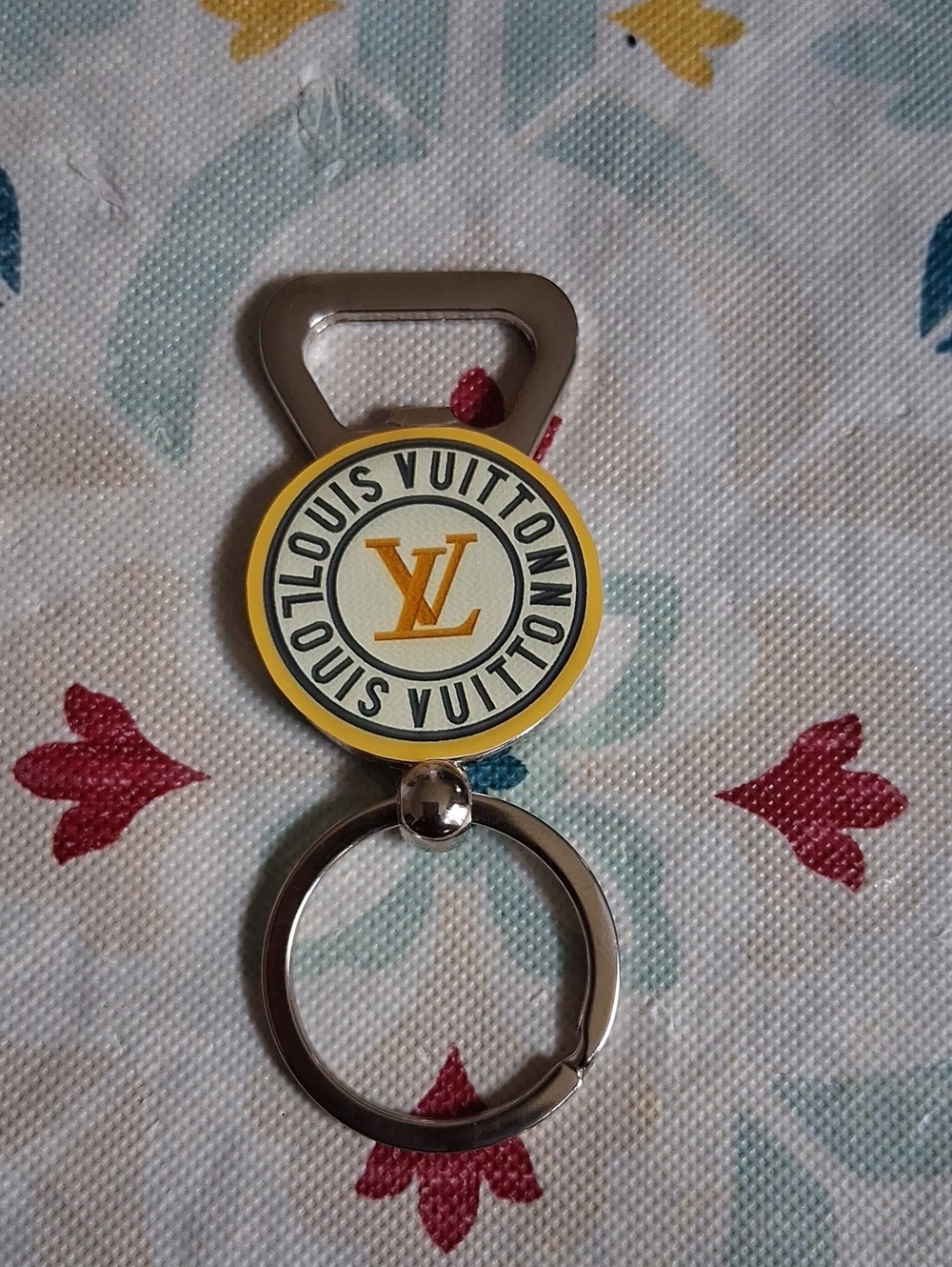 Louis Vuitton Yellow & White Round Logo Key Ring with Silver bottle Opener